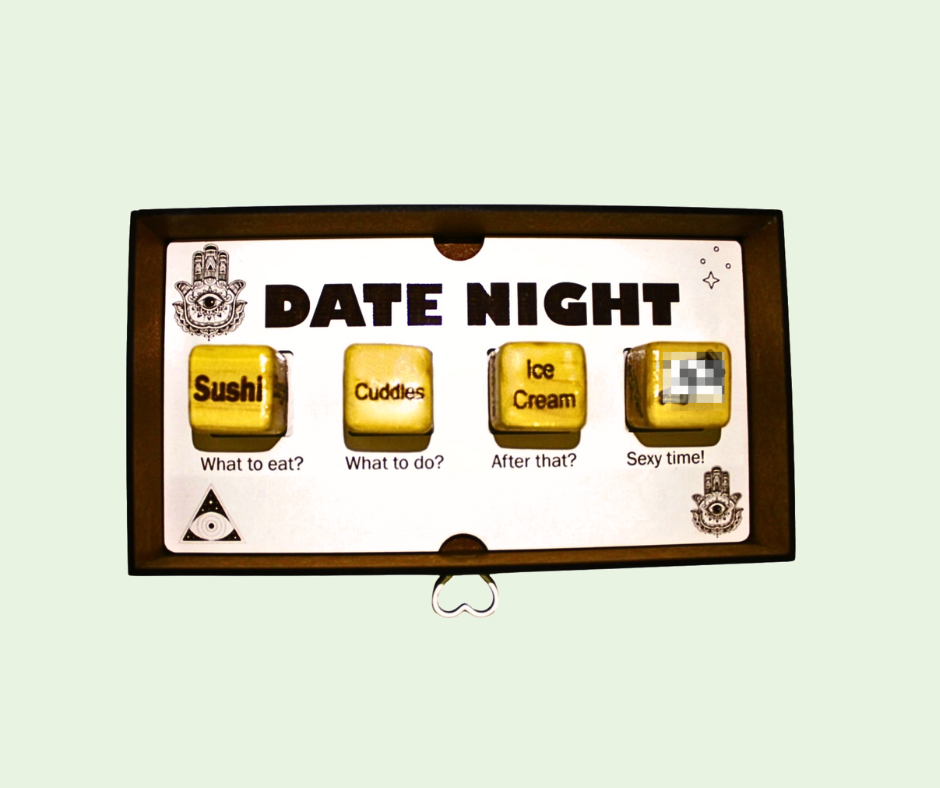 Decorative sign with text and dice labeled 'Date Night' on a light green background