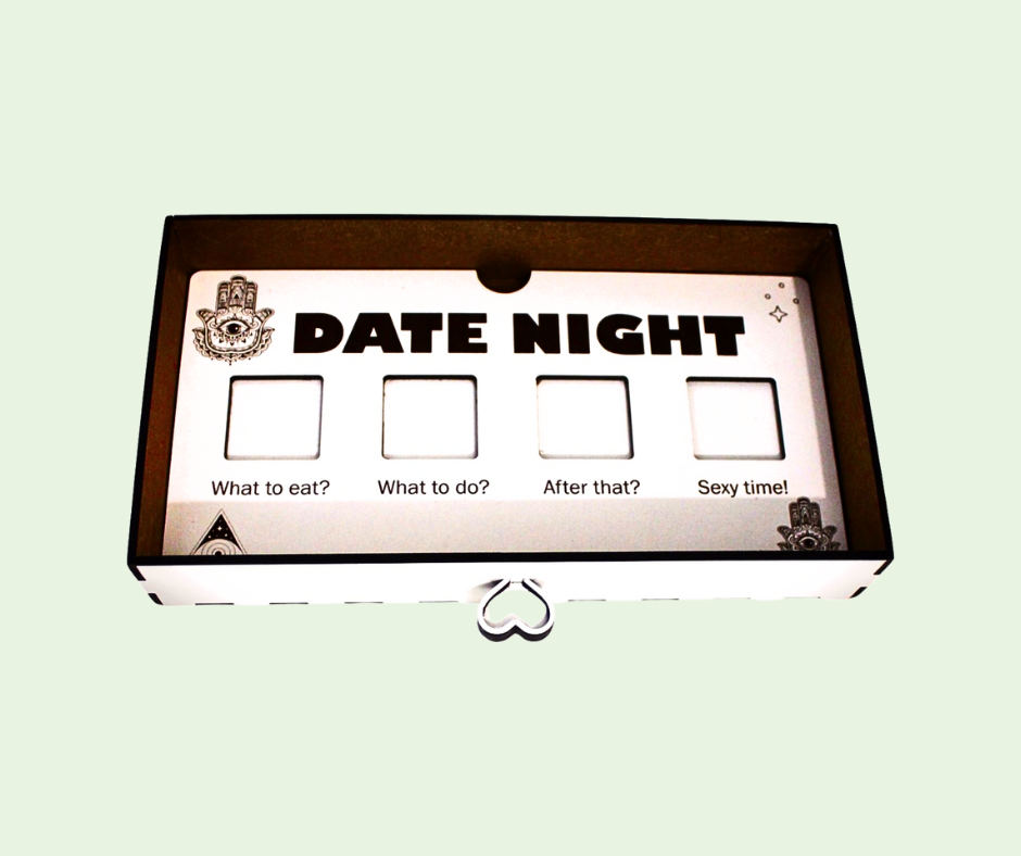 Date night planning box with questions on a light green background