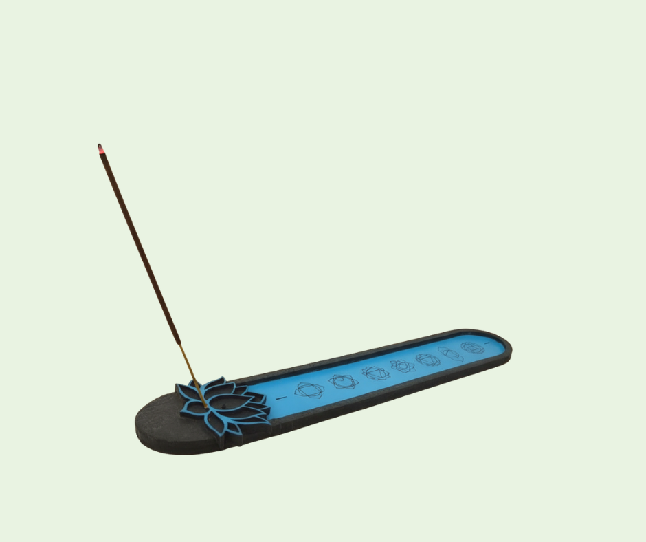 Incense holder with a blue plate and black base on a light green background