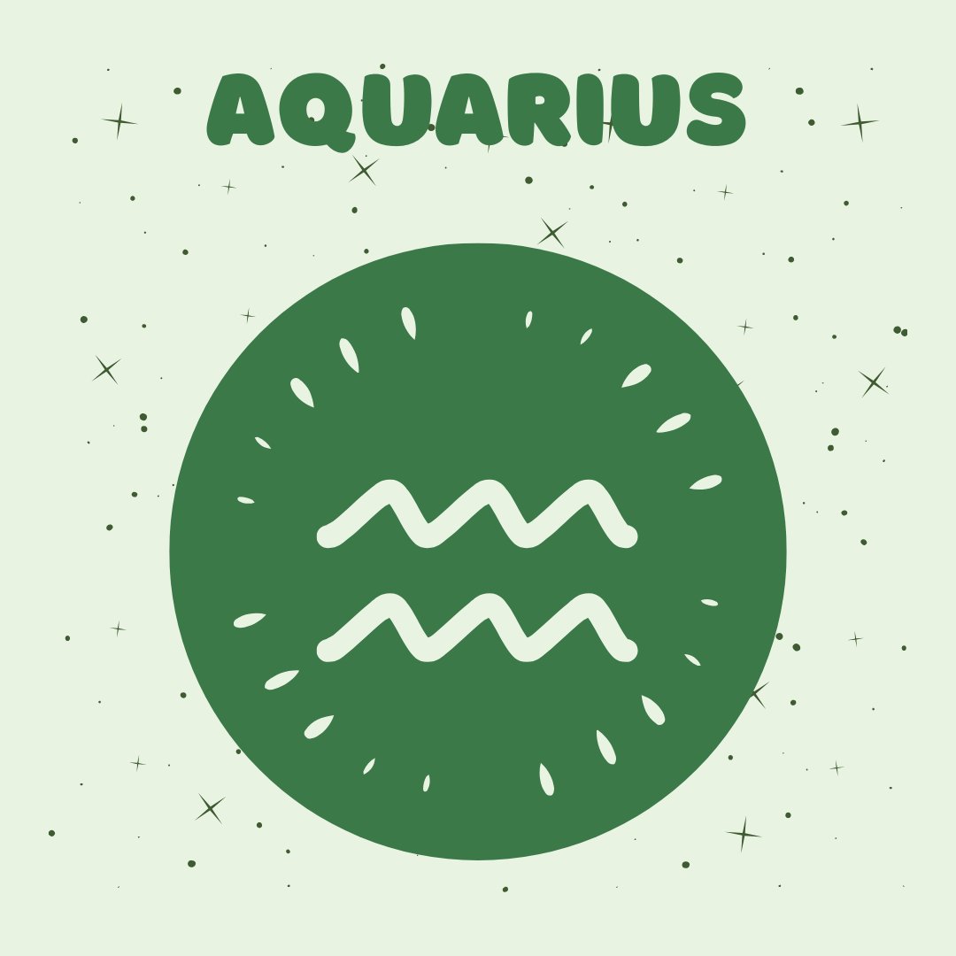 Aquarius zodiac sign symbol on a green background with 'Aquarius' text above