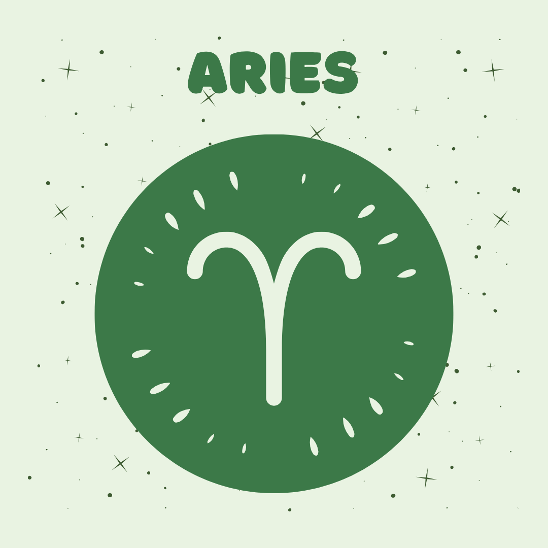 Aries zodiac sign symbol on a green background with 'ARIES' text above