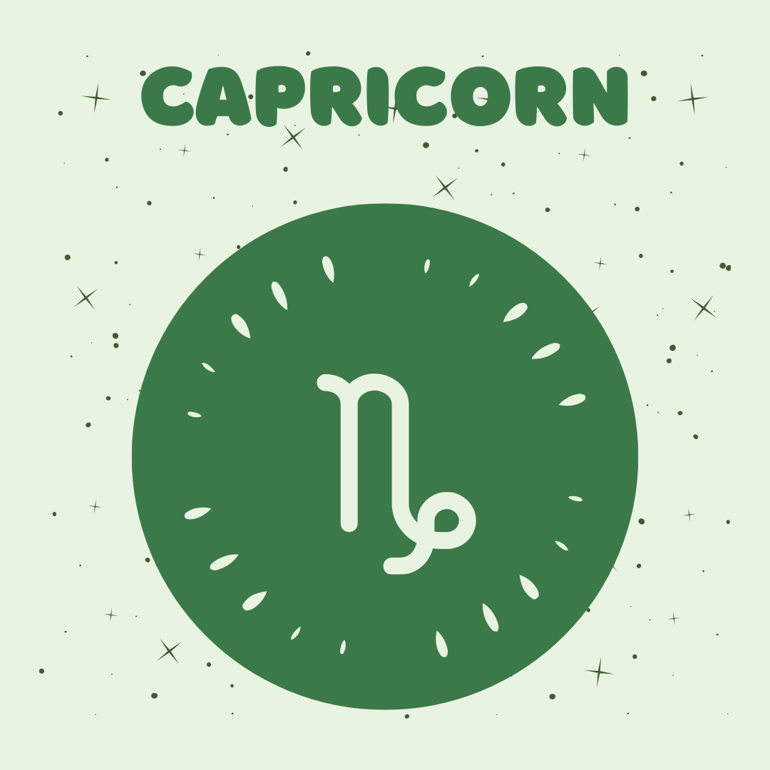 Capricorn zodiac sign symbol on a green background with 'Capricorn' text