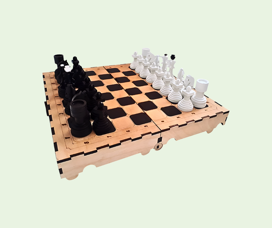 Wooden chessboard with black and white chess pieces on a light green background