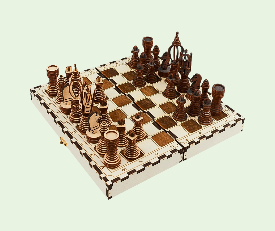 Wooden chess set with pieces on a light green background