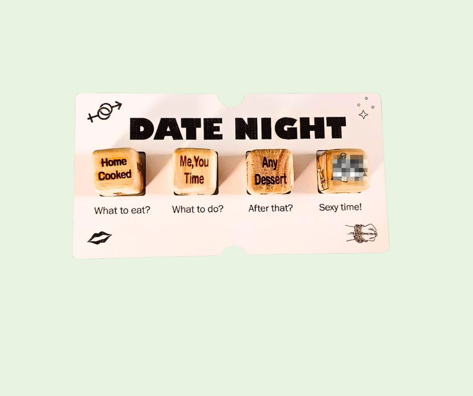 Card with text and buttons labeled for date night planning on a light green background