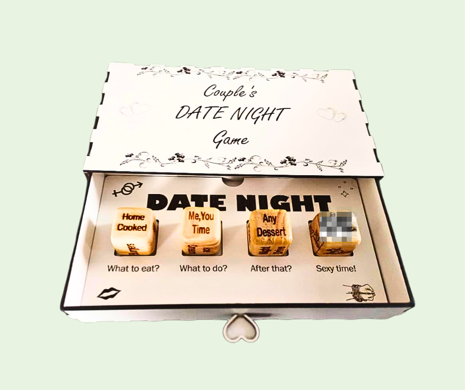 Date night game box with interactive buttons on a light green background