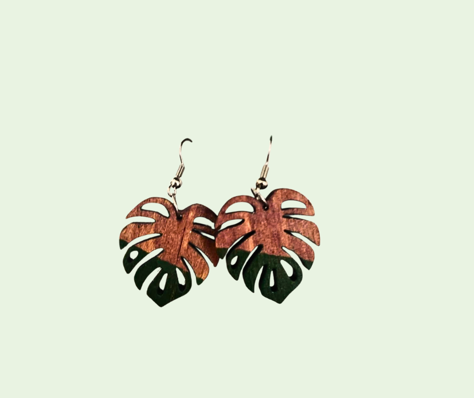 Pair of leaf-shaped earrings on a light green background