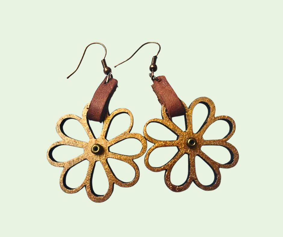 Pair of flower-shaped earrings with brown leather straps on a light green background