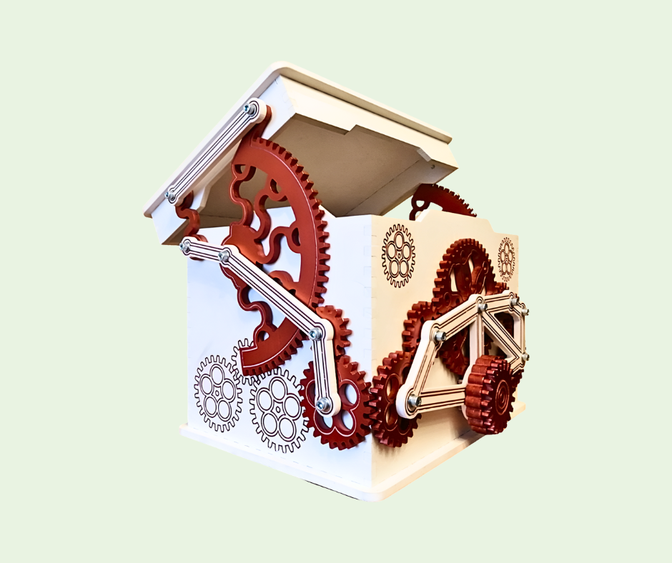 Mechanical gear model on a light green background