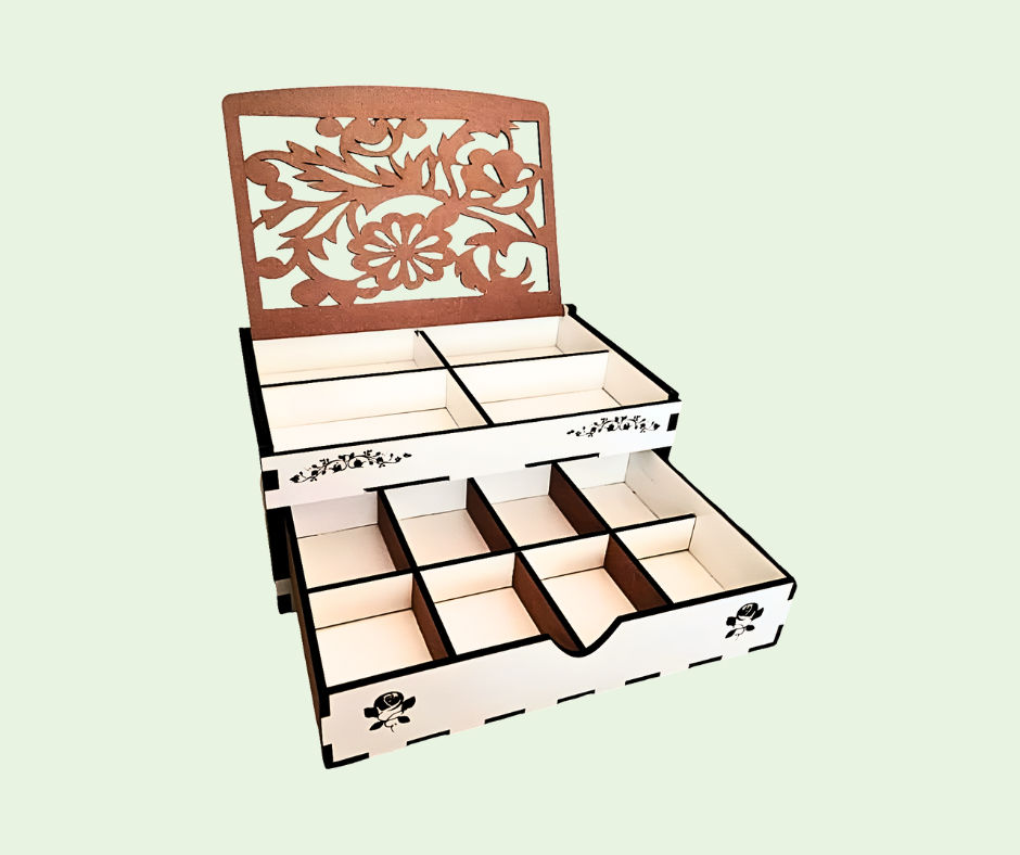 Wooden jewelry box with floral design on a light green background