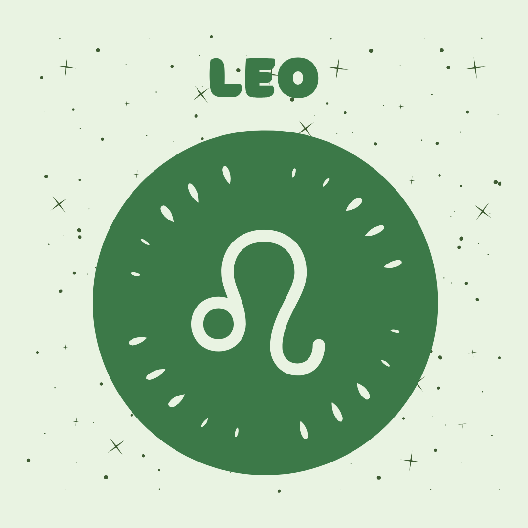 Leo zodiac sign symbol on a green background with 'LEO' text