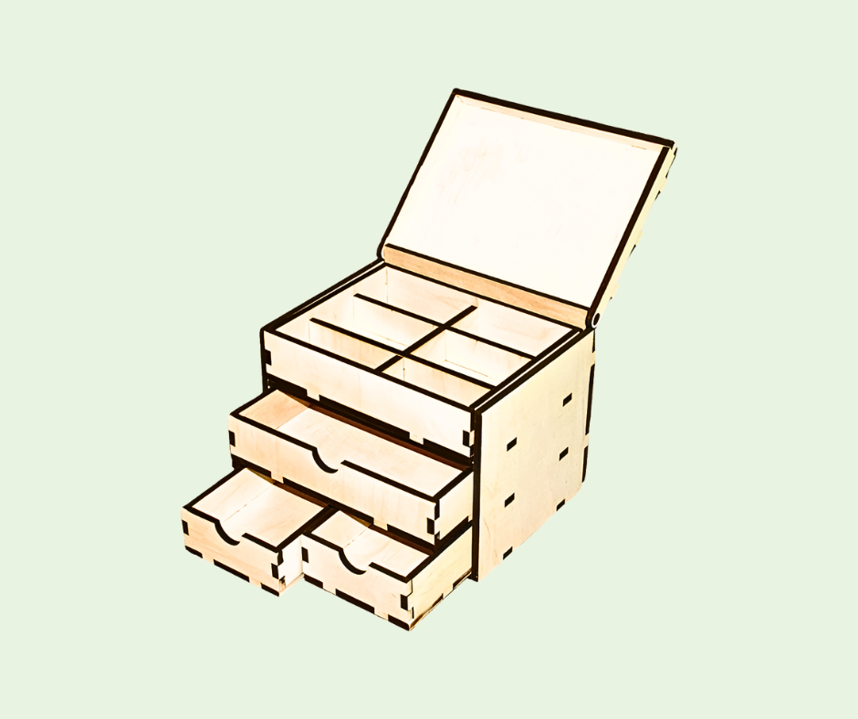 Wooden box with open lid on a light green background