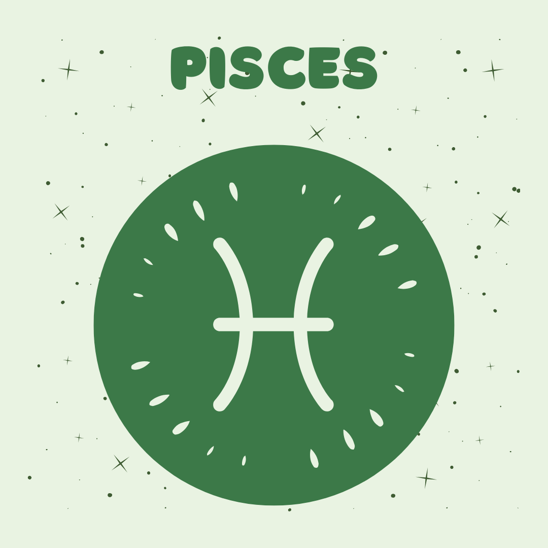 Pisces zodiac sign symbol in a green circle on a light green background with star patterns.