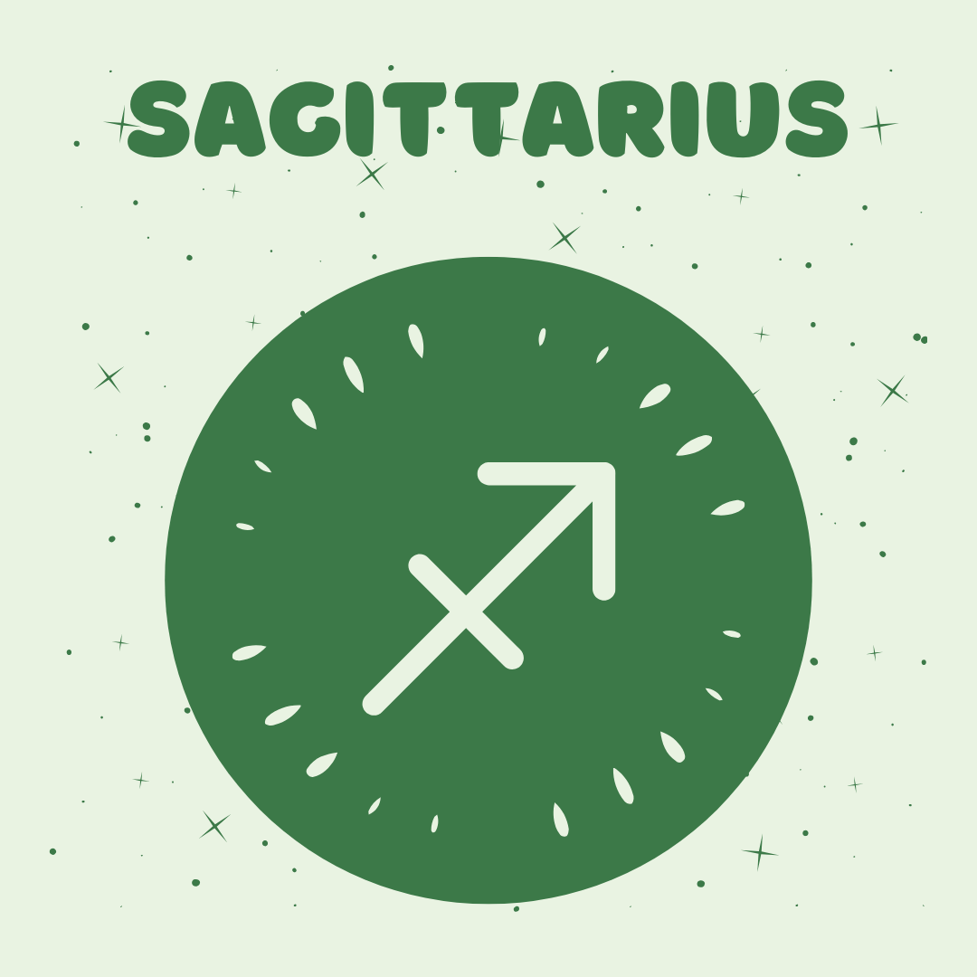 Sagittarius zodiac sign symbol on a green background with 'SAGITTARIUS' text above.