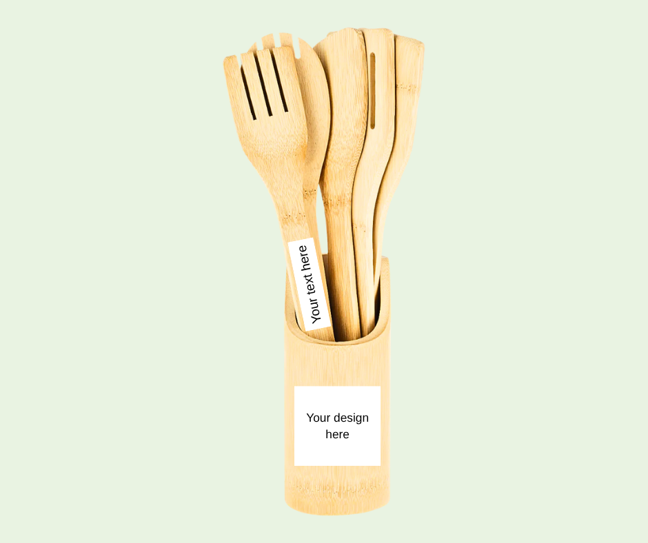 Set of wooden utensils in a holder with customizable text on a light green background