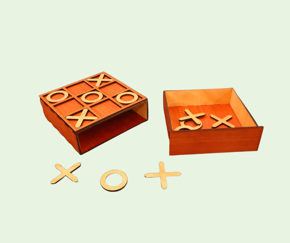 Wooden tic-tac-toe game set with pieces on a light green background