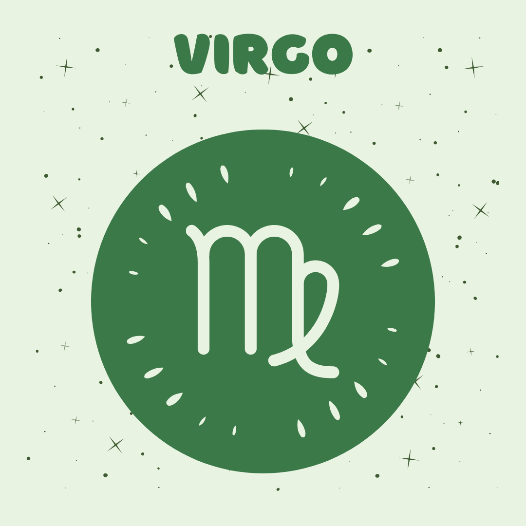 Virgo zodiac sign symbol on a green background with 'Virgo' text above