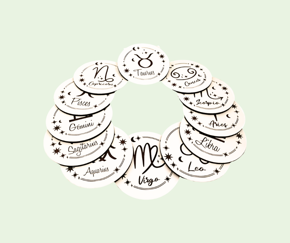 Set of zodiac stickers on a light green background