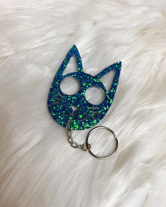 Cat Self Defense Keychain - Blue/Green Glitter